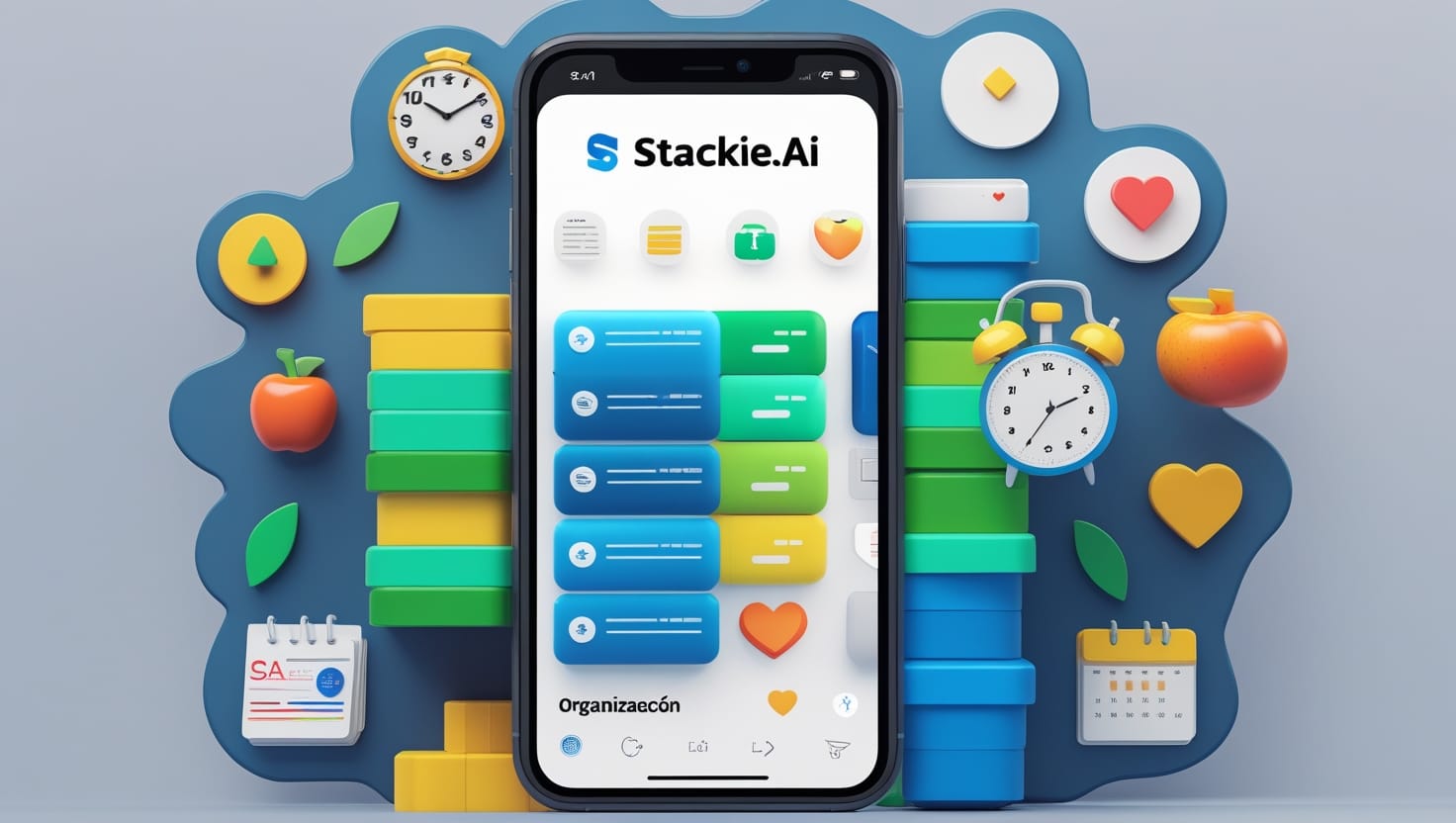 Smartphone mostrando la interfaz de Stackie.AI con stacks coloridos y íconos de hábitos (diario, reloj, manzana) en un fondo futurista, representando organización con IA.