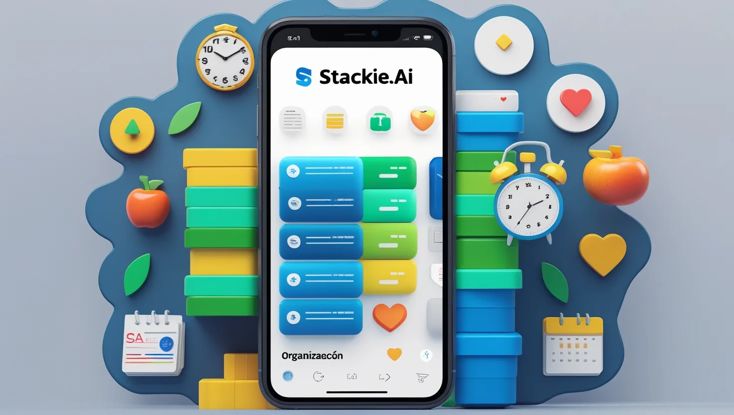 Smartphone mostrando la interfaz de Stackie.AI con stacks coloridos y íconos de hábitos (diario, reloj, manzana) en un fondo futurista, representando organización con IA.