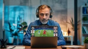 Hombre en videollamada de trabajo mientras mira en secreto un partido de la Champions League en su portátil, con expresión atenta y ambiente de oficina.