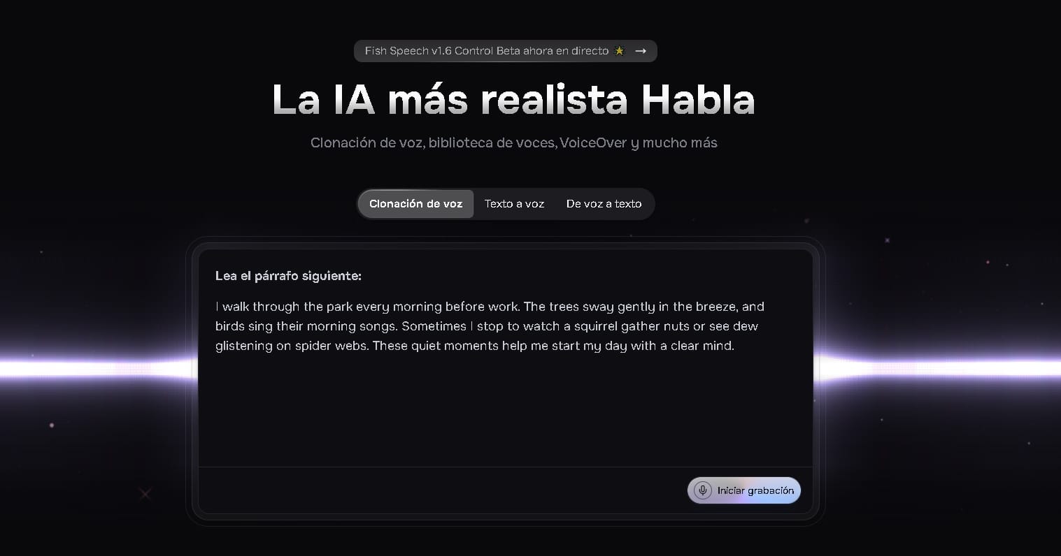 Fish.Audio mostrando herramientas de clonación de voz con IA