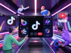 FreeBeat.ai generando beats y videos con inteligencia artificial en estilo futurista y colorido