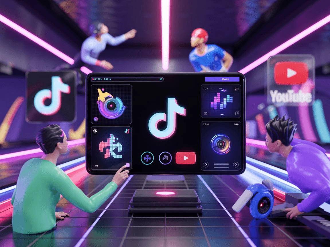 FreeBeat.ai generando beats y videos con inteligencia artificial en estilo futurista y colorido