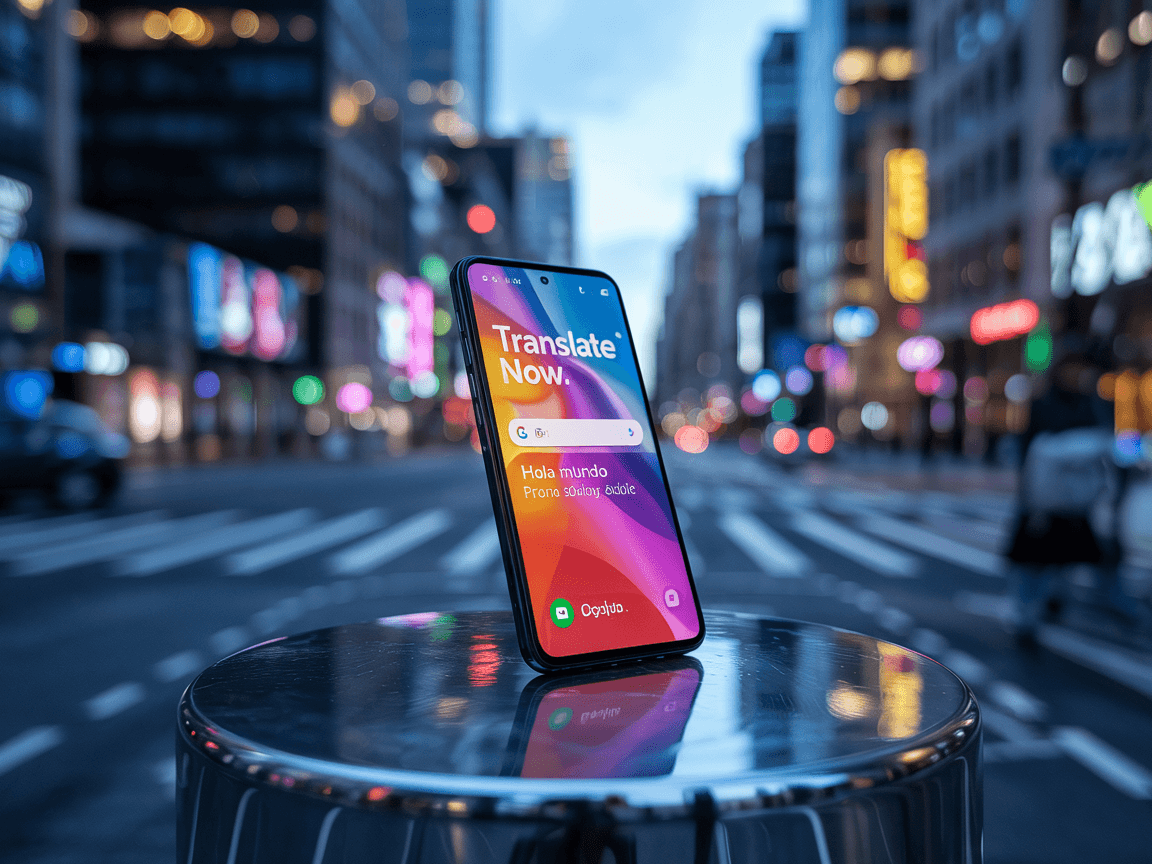 smartphone mostrando la interfaz de Gemini Live con una cámara enfocando un cartel, con texto emergente de traducción en tiempo real.