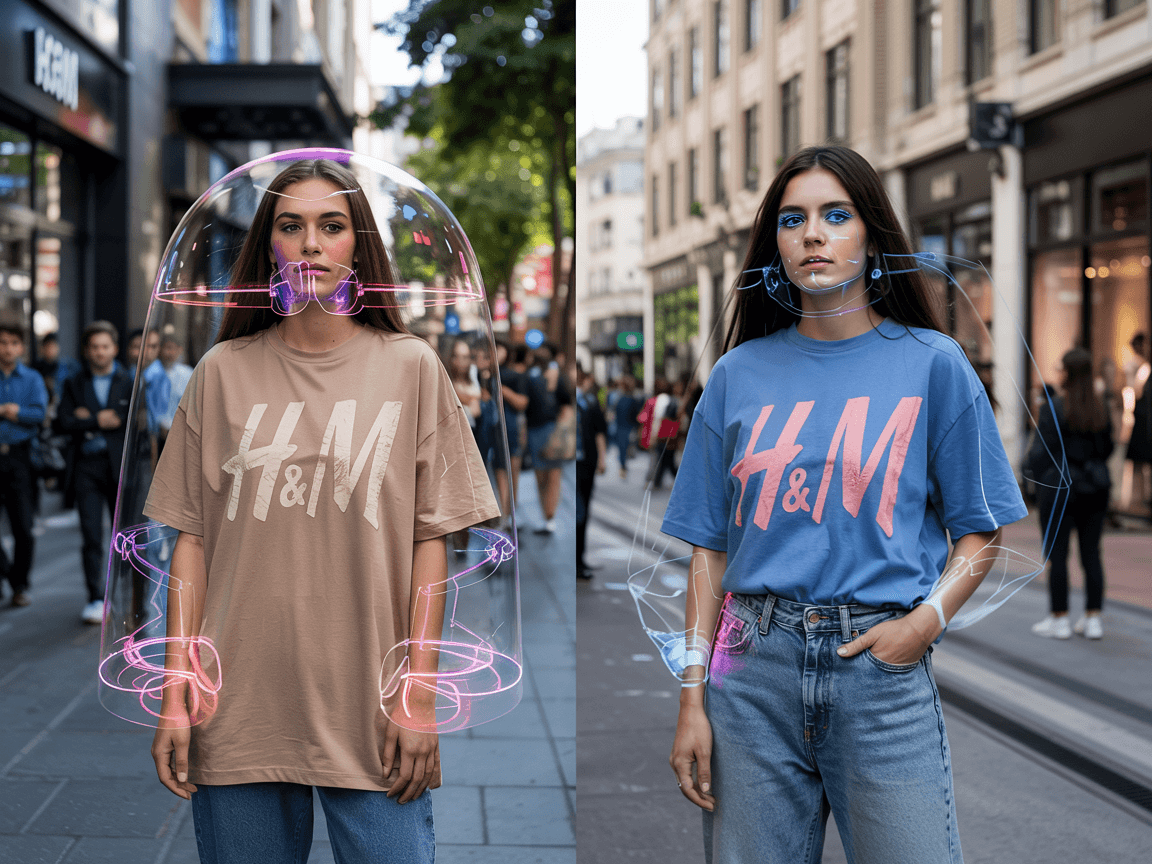 Modelo real y su clon digital de H&M, representando la innovación y ética en la moda.