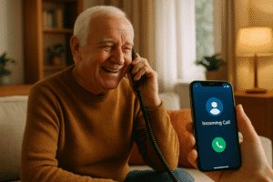 Hombre mayor feliz hablando por teléfono gracias a una llamada diaria automatizada de InTouch Family con inteligencia artificial.