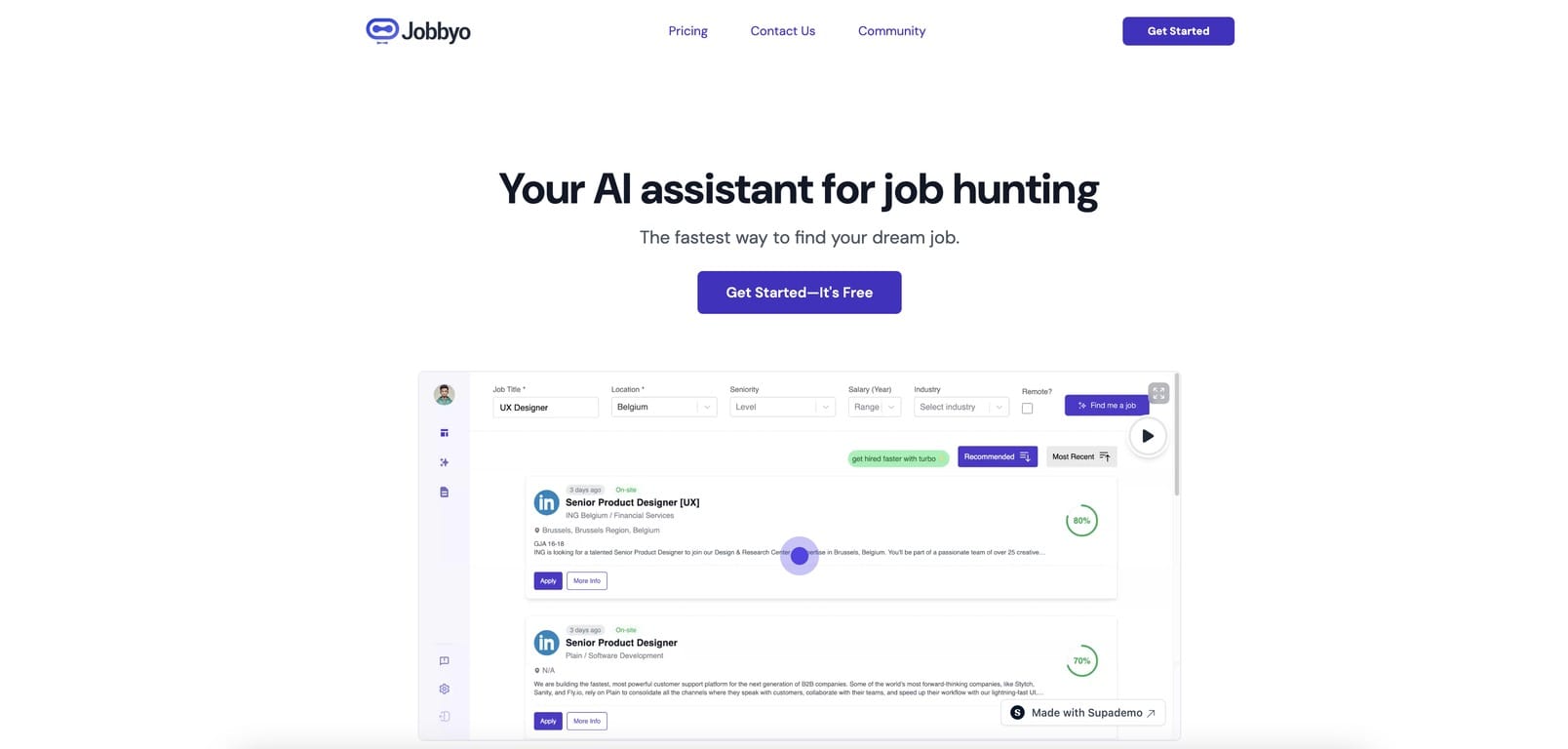 Jobbyo.ai mostrando su generador de currículums y aplicaciones automáticas con IA