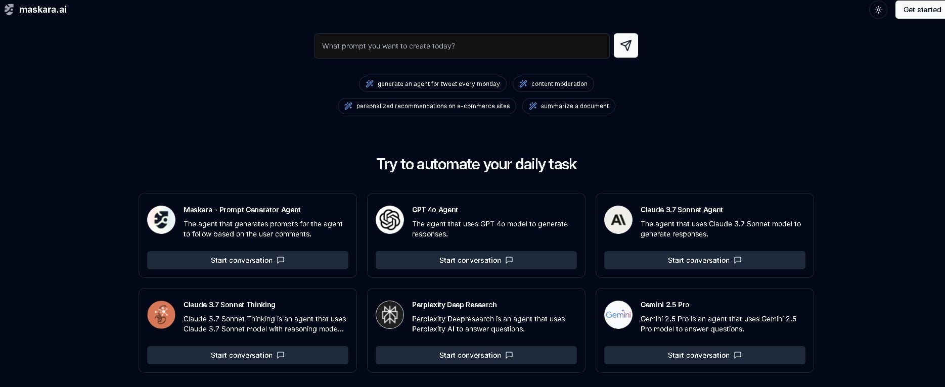 Maskara.ai mostrando agentes personalizados con inteligencia artificial generando prompts automáticos