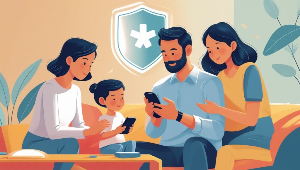 Familia protegida por MyKin AI con escudo digital que simboliza privacidad y seguridad.