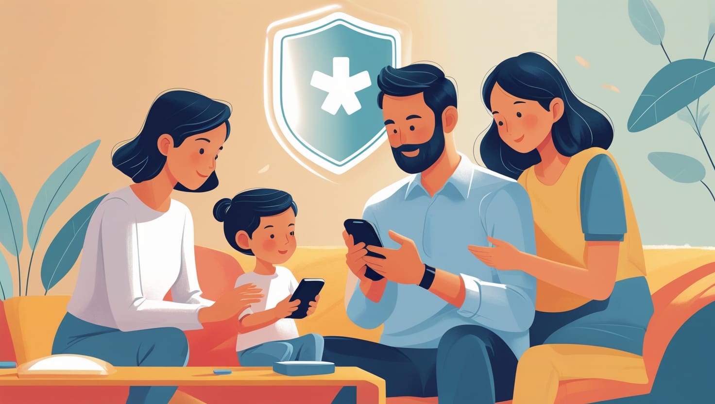 Familia protegida por MyKin AI con escudo digital que simboliza privacidad y seguridad.