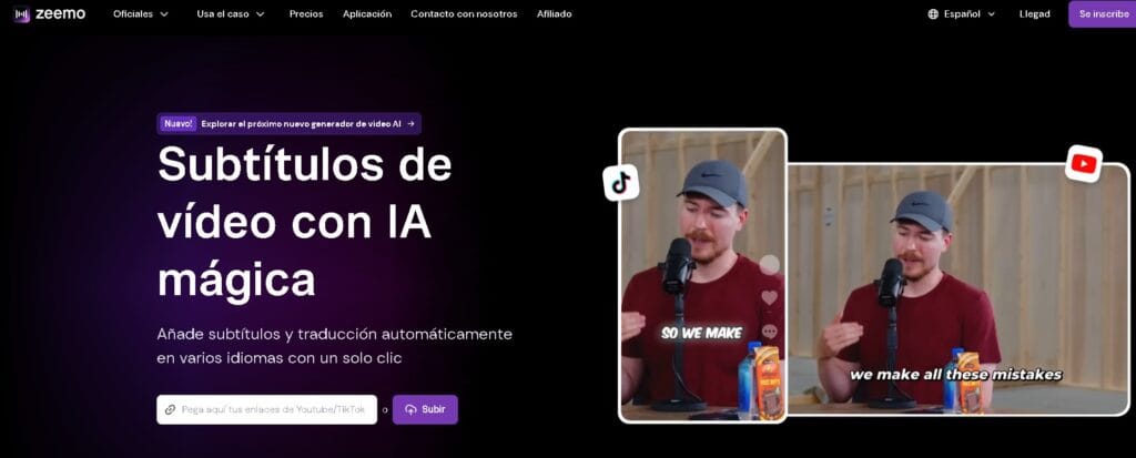 Zeemo.ai generando subtítulos automáticos con inteligencia artificial para vídeos en redes sociales