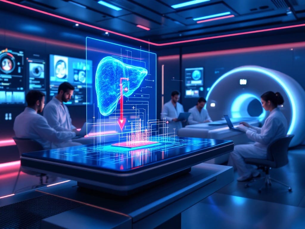 Imagen de una IA avanzada detectando tumores hepáticos con alta precisión, destacando la innovación médica y tecnológica.