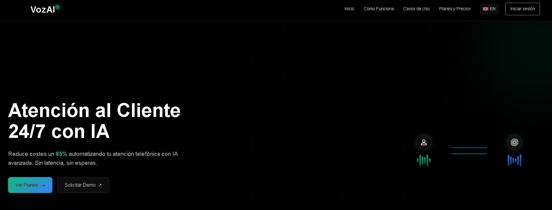 Interfaz de VozAI - atención telefónica automatizada con inteligencia artificial para empresas.