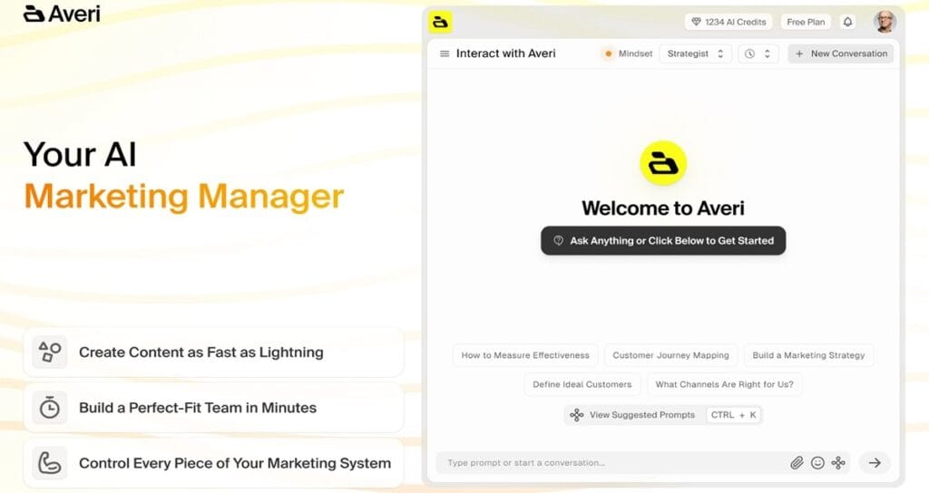 Interfaz de Averi AI mostrando funciones de estrategia, creación de contenido y gestión de equipos con inteligencia artificial.