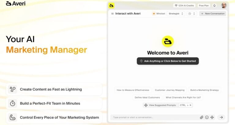 Interfaz de Averi AI mostrando funciones de estrategia, creación de contenido y gestión de equipos con inteligencia artificial.