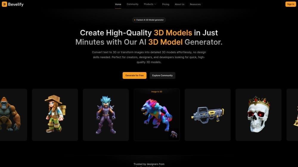 Interfaz de Bevelify mostrando la generación de modelos 3D a partir de texto e imágenes con inteligencia artificial.
