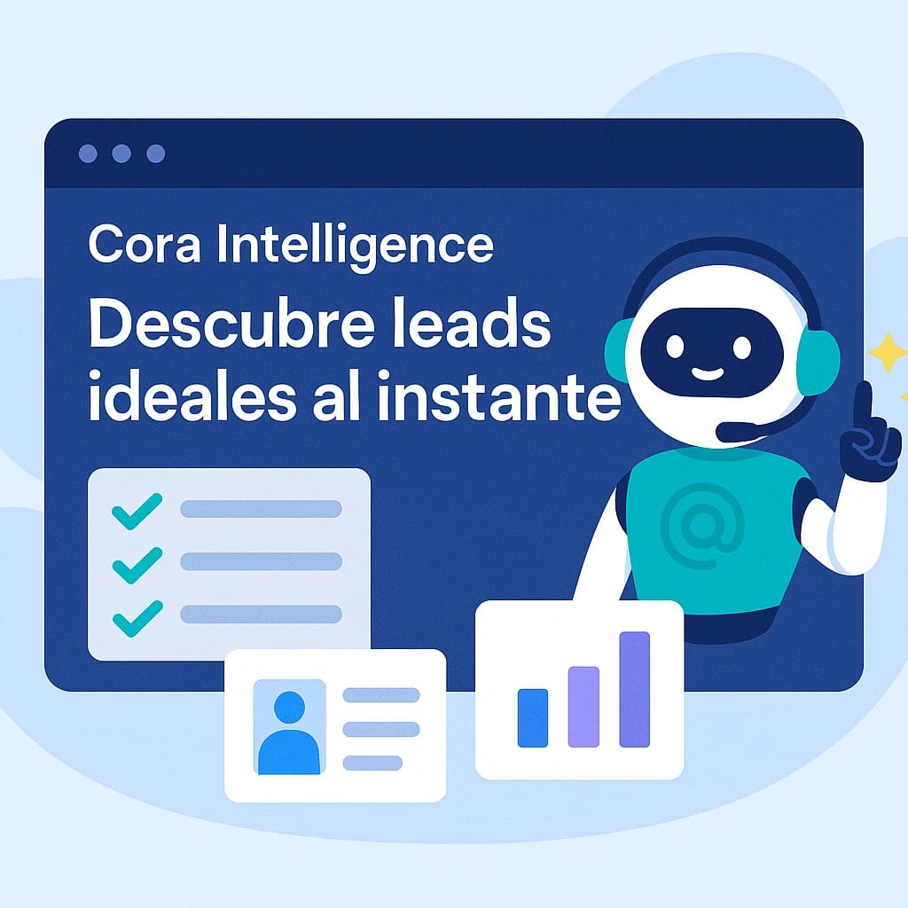Ilustración de inteligencia artificial gestionando llamadas y correos para encontrar leads de forma automática con Cora Intelligence.