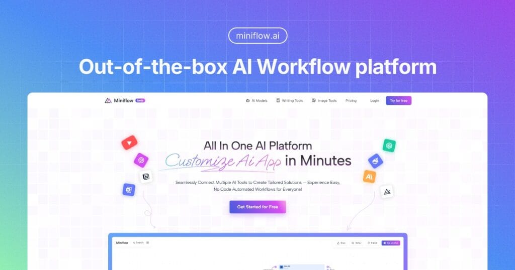 Interfaz de MiniFlow mostrando la automatización de flujos de trabajo con inteligencia artificial.
