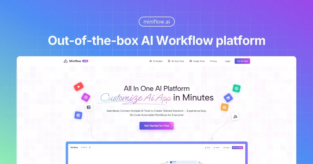 Interfaz de MiniFlow mostrando la automatización de flujos de trabajo con inteligencia artificial.