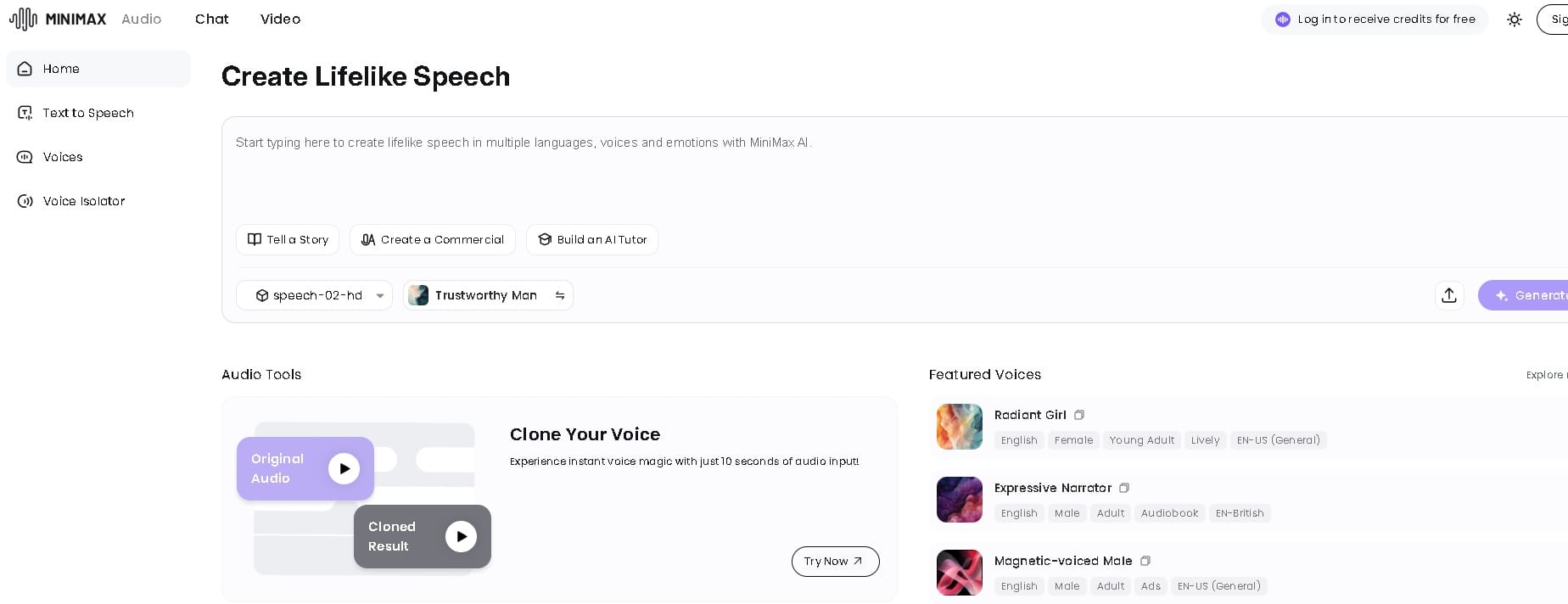 Captura de Minimax Speech 02 HD mostrando la generación de voz realista desde texto con interfaz limpia y moderna.