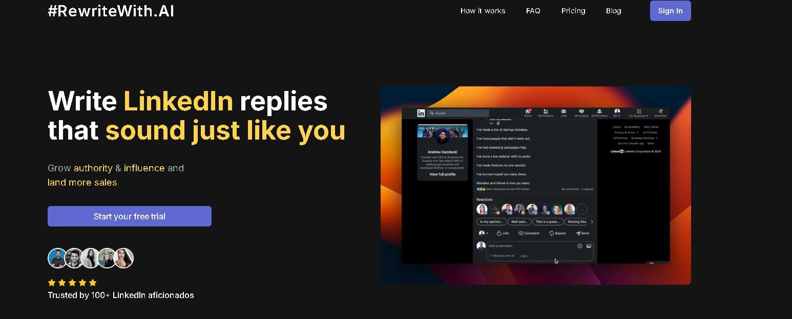 una extensión de inteligencia artificial para mejorar sus comentarios en LinkedIn con RewriteWithAI