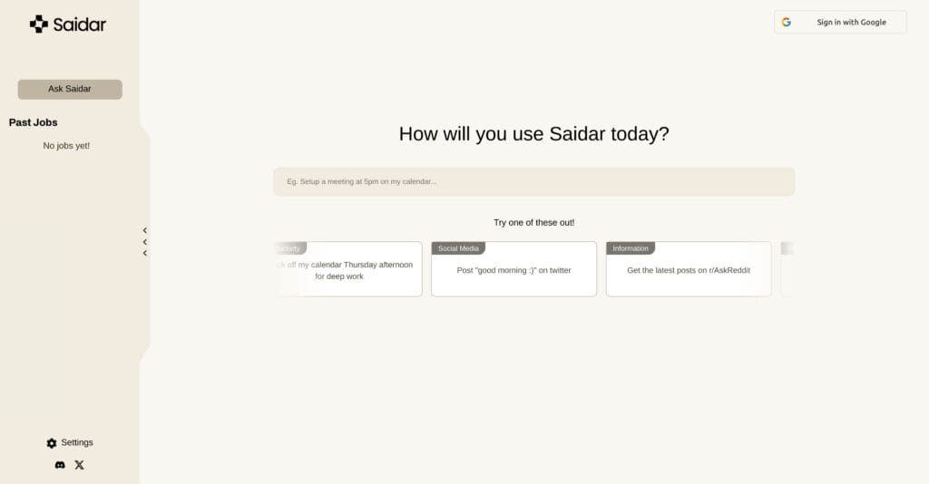 Interfaz de Saidar AI mostrando automatización de tareas con Gmail, Notion y Slack