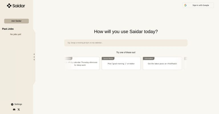 Interfaz de Saidar AI mostrando automatización de tareas con Gmail, Notion y Slack