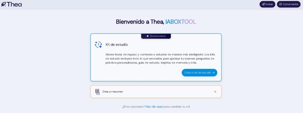 Interfaz de Thea mostrando herramientas de estudio inteligente con IA: tarjetas interactivas, generador de exámenes y análisis de rendimiento académico personalizado.