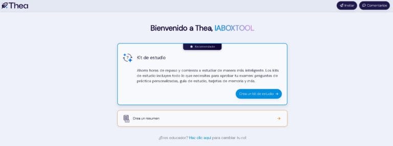 Interfaz de Thea mostrando herramientas de estudio inteligente con IA: tarjetas interactivas, generador de exámenes y análisis de rendimiento académico personalizado.
