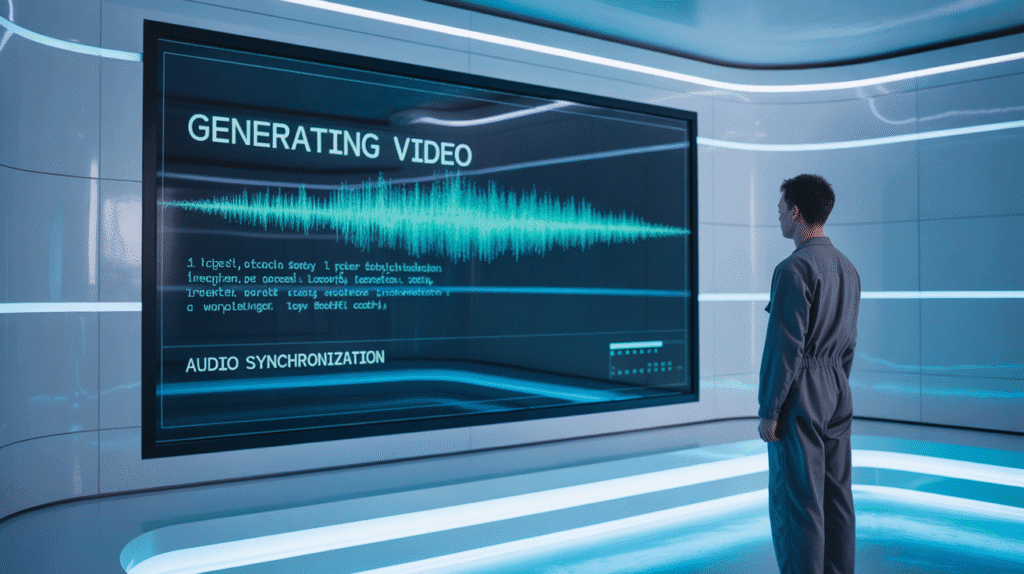 Inteligencia artificial de Google generando un vídeo realista con sonido y efectos en un entorno creativo digital.