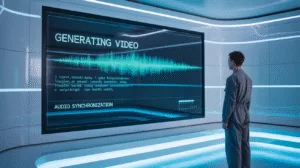 Inteligencia artificial de Google generando un vídeo realista con sonido y efectos en un entorno creativo digital.