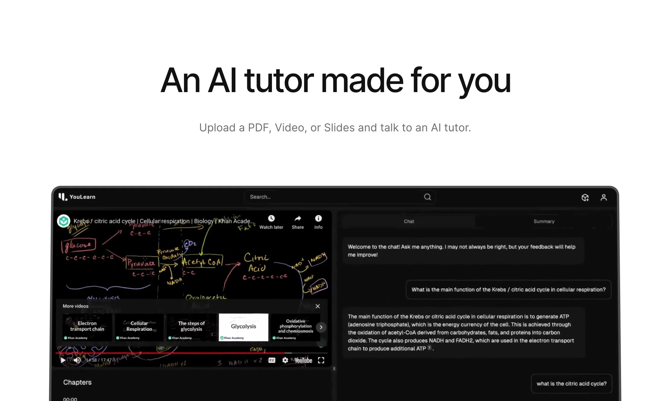 Interfaz de YouLearn mostrando cómo convertir vídeos y PDFs en apuntes interactivos con IA