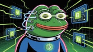 Ilustración futurista de Pepe the Frog con estética cibernética, rodeado de gráficos de blockchain e inteligencia artificial, representando la fusión entre IA y criptomonedas.
