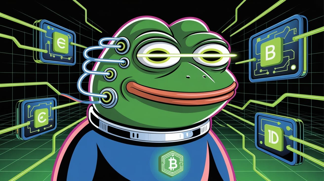Ilustración futurista de Pepe the Frog con estética cibernética, rodeado de gráficos de blockchain e inteligencia artificial, representando la fusión entre IA y criptomonedas.