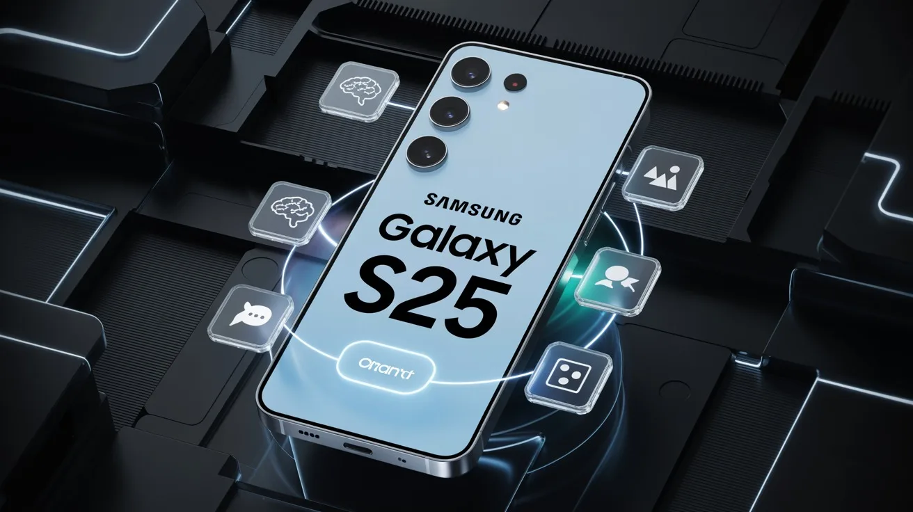 Imagen del Samsung Galaxy S25 con iconos flotantes de funciones de inteligencia artificial.