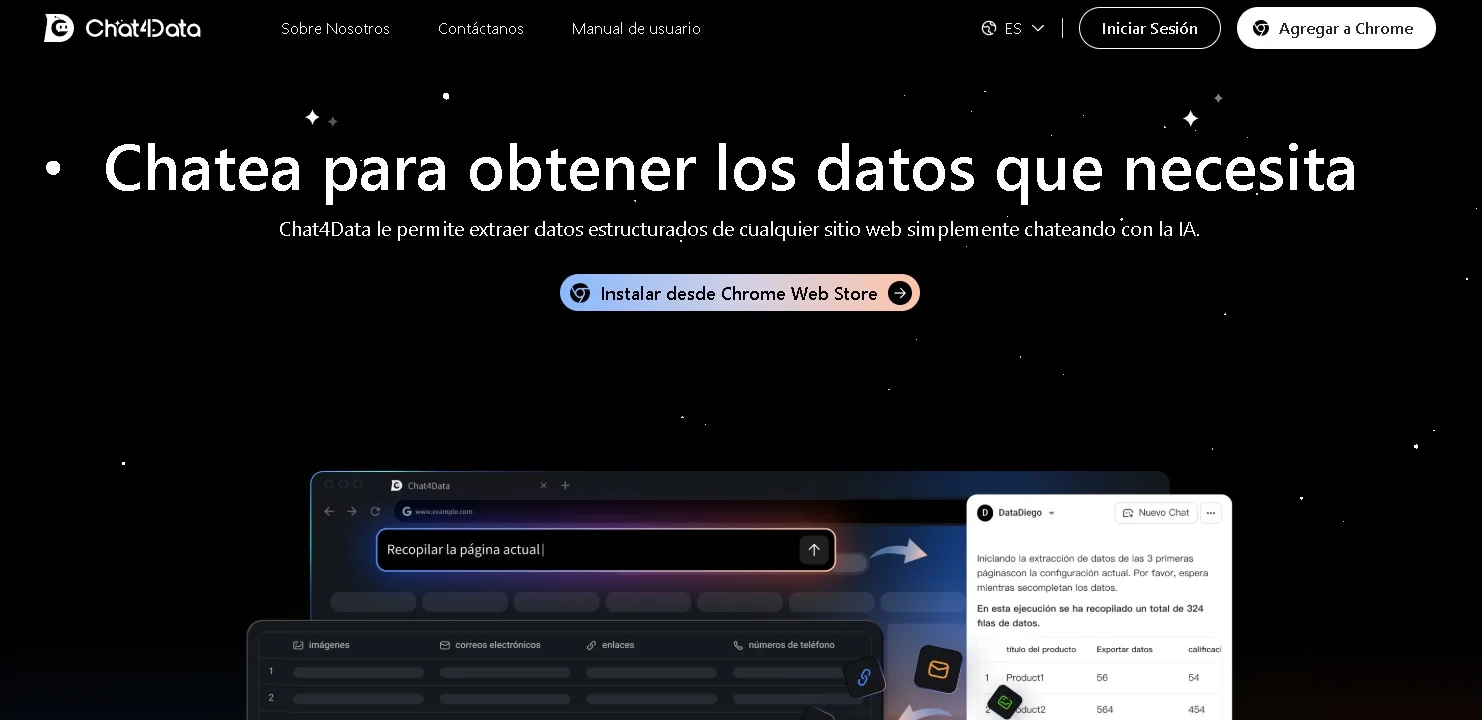 Interfaz de Chat4Data mostrando cómo extraer datos web mediante lenguaje natural con inteligencia artificial.
