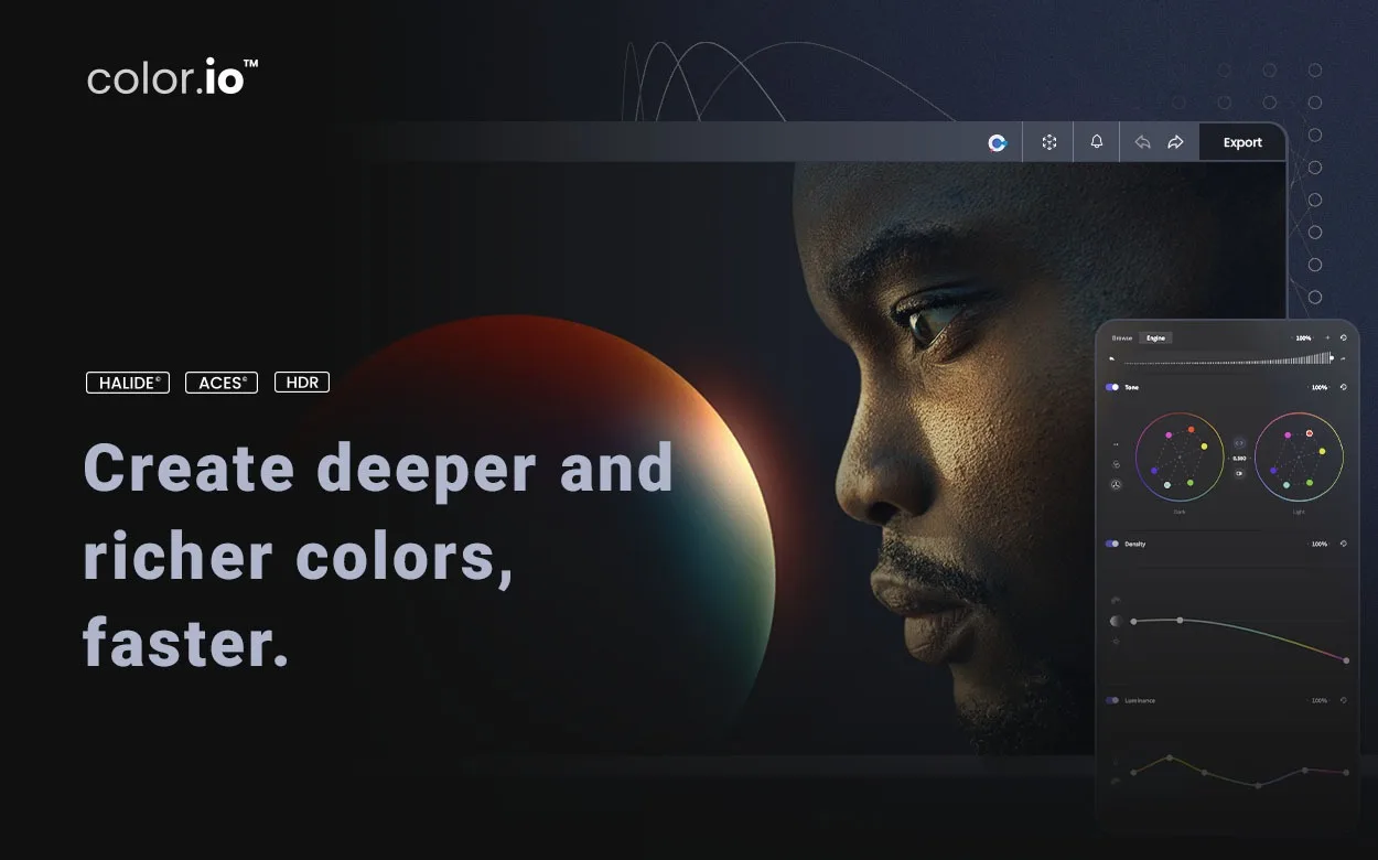 Interfaz de Color.io mostrando retrato cinematográfico con planet background y paneles de control de color, curvas de exposición y ruedas de refracción para corrección de color profesional.