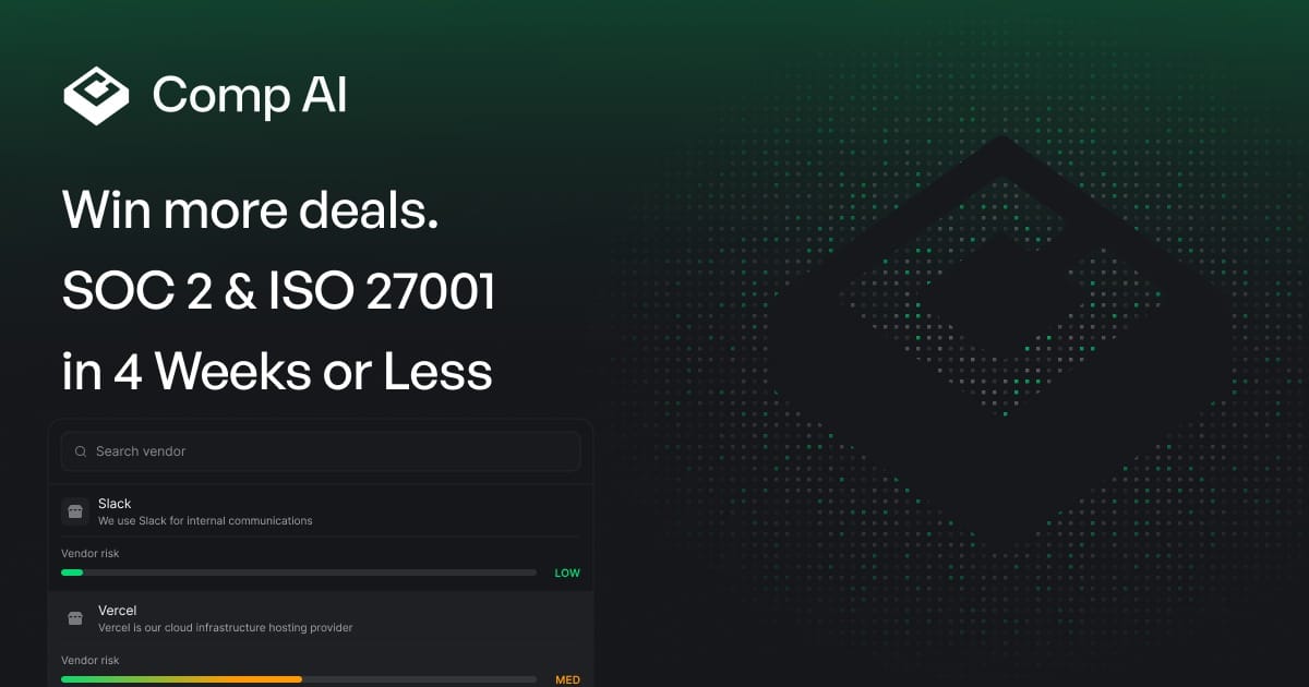 Plataforma Comp AI mostrando automatización de cumplimiento normativo y gestión de riesgos con integración de inteligencia artificial.