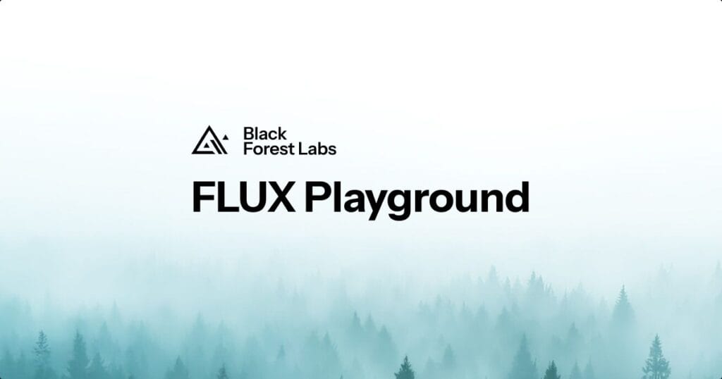Logotipo de FLUX Playground de Black Forest Labs sobre fondo de bosque difuminado.