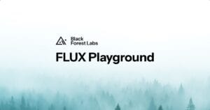 Logotipo de FLUX Playground de Black Forest Labs sobre fondo de bosque difuminado.