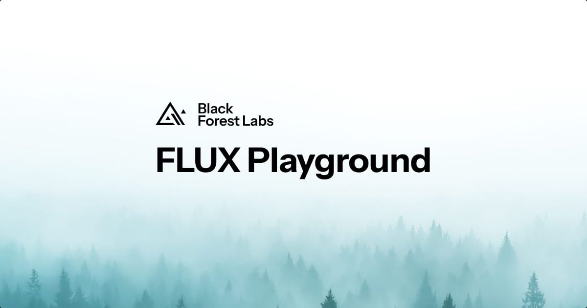 Logotipo de FLUX Playground de Black Forest Labs sobre fondo de bosque difuminado.