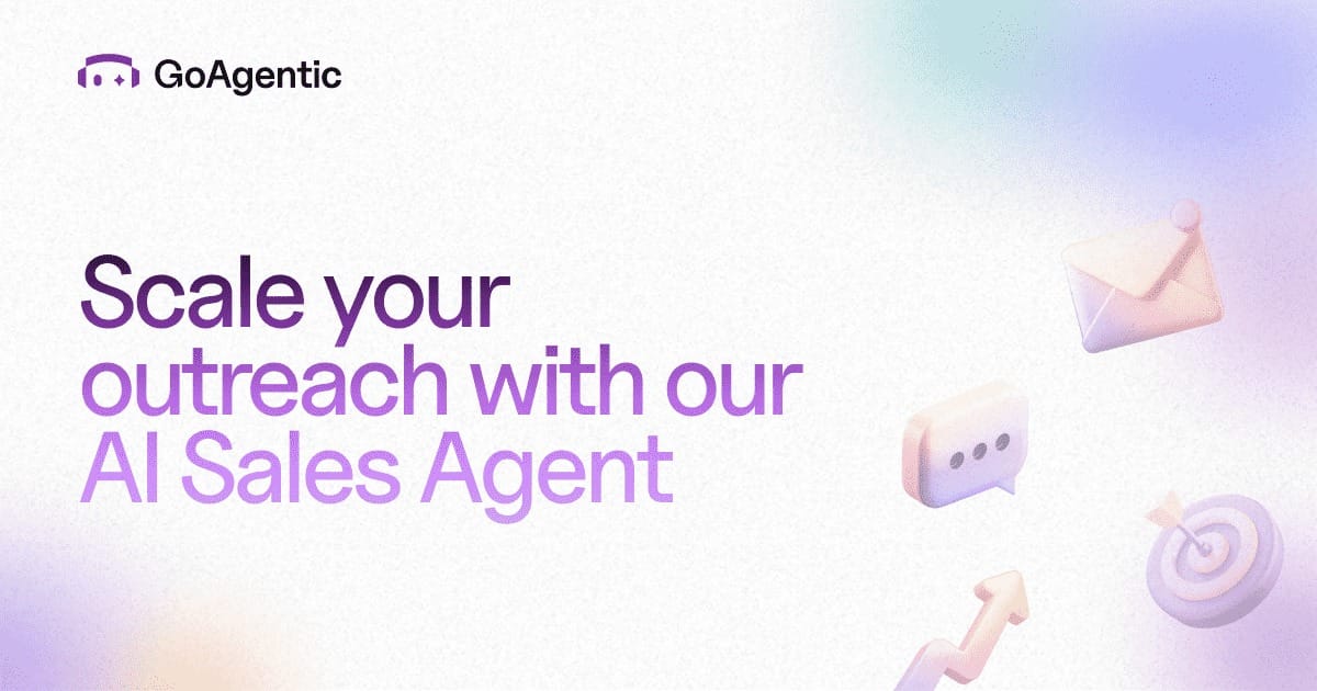 Banner de GoAgentic con el mensaje "Scale your outreach with our AI Sales Agent" y elementos gráficos de email, chat y objetivos