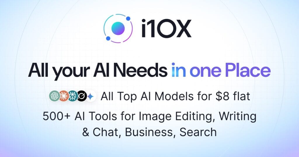 Logo y descripción de i10X, plataforma con todos los modelos de IA y más de 500 herramientas integradas por solo $8.