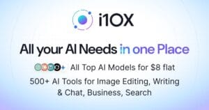 Logo y descripción de i10X, plataforma con todos los modelos de IA y más de 500 herramientas integradas por solo $8.