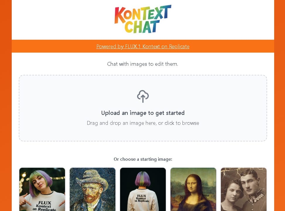 Interfaz web de Kontext Chat mostrando edición de imágenes con inteligencia artificial.