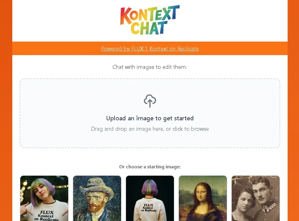 Interfaz web de Kontext Chat mostrando edición de imágenes con inteligencia artificial.