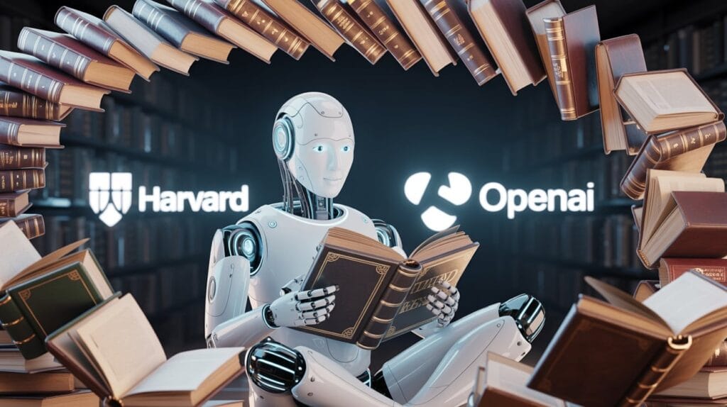 Ilustración de un robot leyendo libros antiguos con los logos de Harvard y OpenAI, simbolizando la innovación en inteligencia artificial.