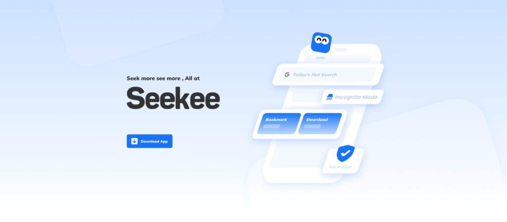 Interfaz de Seekee mostrando sus funciones de búsqueda, descarga y navegación privada con IA