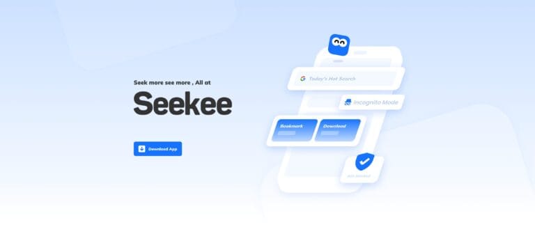 Interfaz de Seekee mostrando sus funciones de búsqueda, descarga y navegación privada con IA