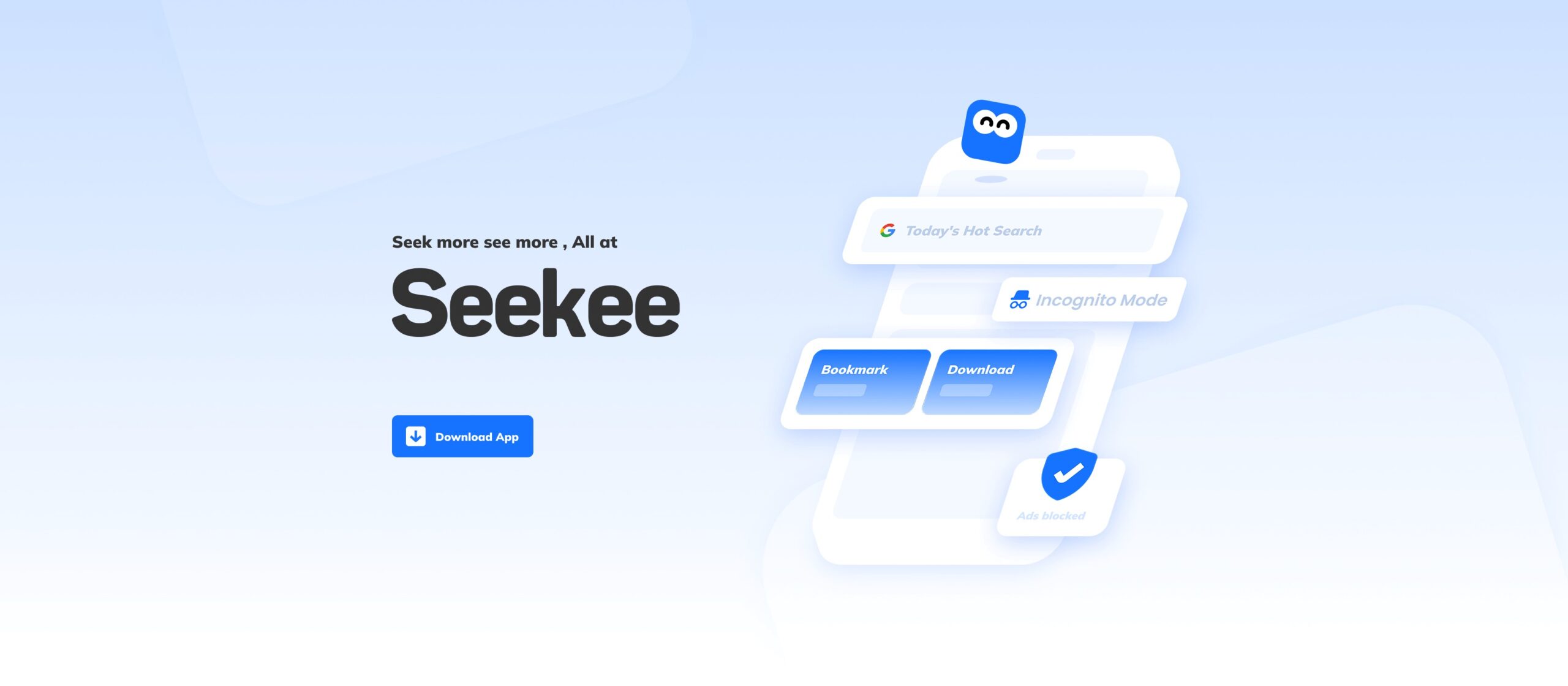 Interfaz de Seekee mostrando sus funciones de búsqueda, descarga y navegación privada con IA