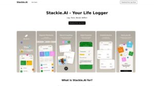 Captura oficial de Stackie AI mostrando sus funciones clave como diario inteligente con inteligencia artificial para iOS.